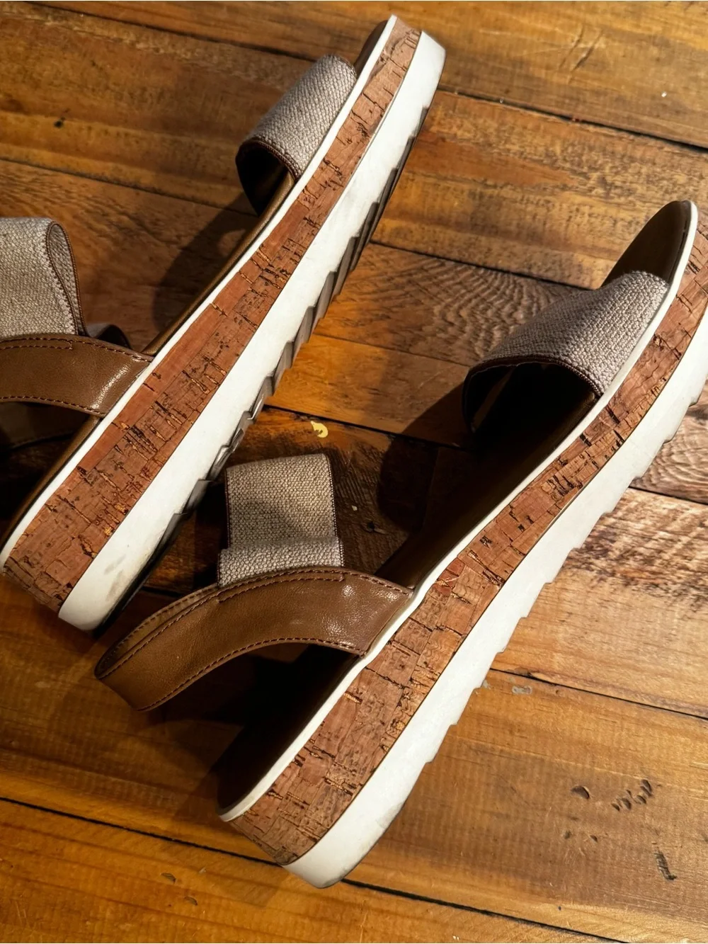 Seychelles Beige Fabric and Brown Platform Sandals